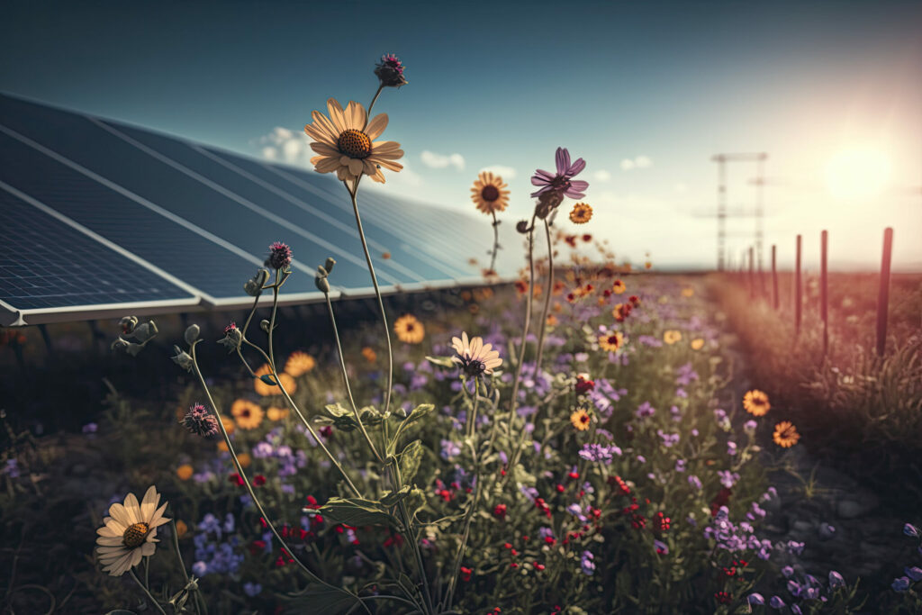 Wild flowers in front of solar panels on a field.